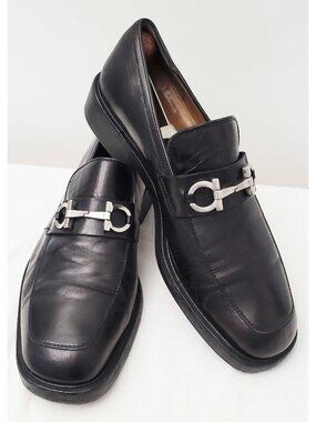 Salvatore Ferragamo Men’s Black Gancini Horsebit Square Toe Loafers Shoes 7.5 2E